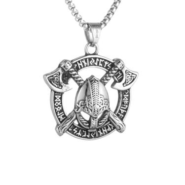 Imagem de Colar masculino redondo oco nórdico viking capacete de batalha machado de batalha, aço inoxidável 316L, corrente de pérola quadrada de aço inoxidável prata, joia vintage de amuleto nórdico