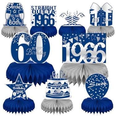 Imagem de LINAYE Camisa masculina de festa de aniversário de 60 anos - design favo de mel azul e prata, cartolina de manga curta para puxar (tamanho M)