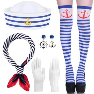 Imagem de NANXJIUR 5 peças de acessórios de fantasia de comissária de bordo de Natal, roupas de aeromoça, chapéu de sino, cachecol e luvas de óculos de sol, Conjunto de fantasia de marinheiro, P