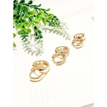 Imagem de Trio de Argola Redonda Cravejadas Antialérgico Bijuteria Feminina Folh