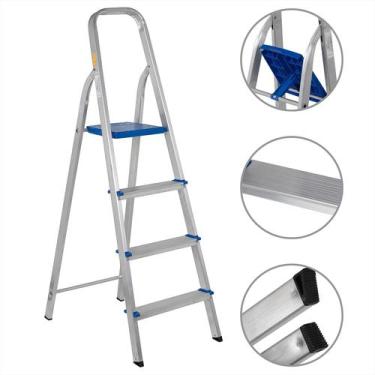 Imagem de Escada Alumínio 4 Degraus Multifuncional Dobrável Doméstica Pequena Es