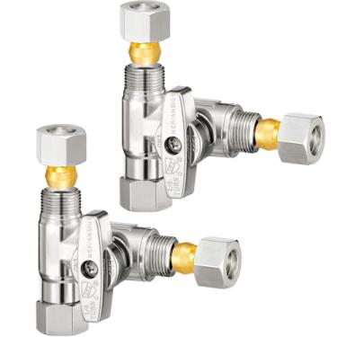 Imagem de Válvula de parada angular de compressão de latão de 9,5 cm, conector divisor de linha de água para máquina de lavar louça, torneira de pia comercial e linha de abastecimento de água (pacote com 2)