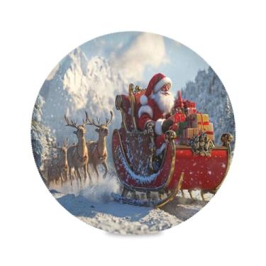 Imagem de STAYTOP Papai Noel montando em seu trenó com rena jogo americano redondo 6 peças, tapetes de mesa antiderrapantes fáceis de limpar para casa cozinha churrasco festa decoração de mesa