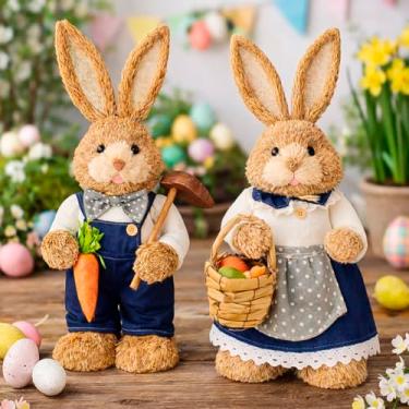 Imagem de Casal Coelho Coelhinho Enfeite Decoração Páscoa Palha 65cm