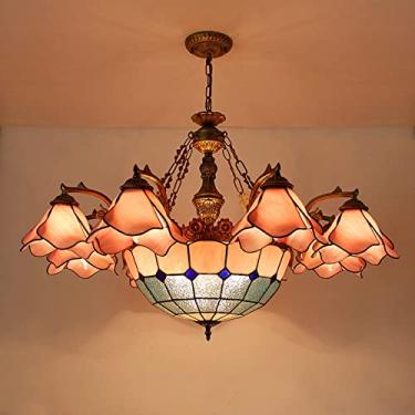 Imagem de Lustre estilo Tiffany, luminária pendente vintage em vitral, altura ajustável, lâmpada de teto LED E27 para decoração de sala de estar, quarto e sala de jantar, rosa, 8 luzes B
