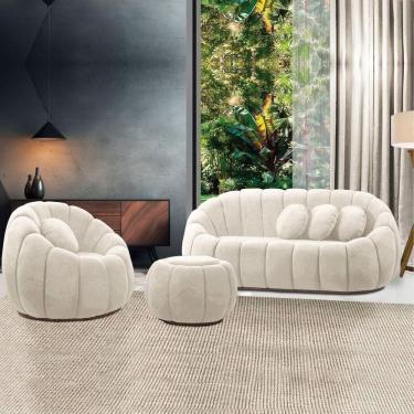 Imagem de Sofá 2 Lugares Com Puff E Poltrona Orgânica Fixa Cloud Bouclê E03 - D`rossi Cor Bege