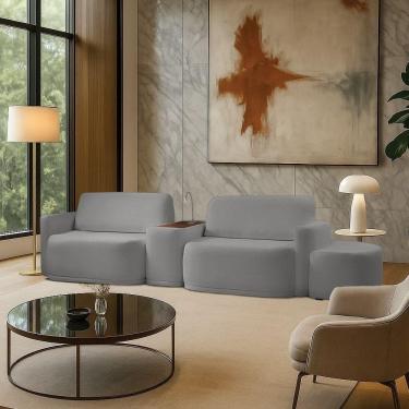 Imagem de Sofá Sala Modulado 299cm Com Puff Console Usb Luminária Brumma Bouclê K01 - D`rossi Cor Cinza