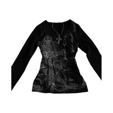 Imagem de Camiseta Feminina Y2K Gótica Punk Preta Com Decote Em V, Estilo Retro 