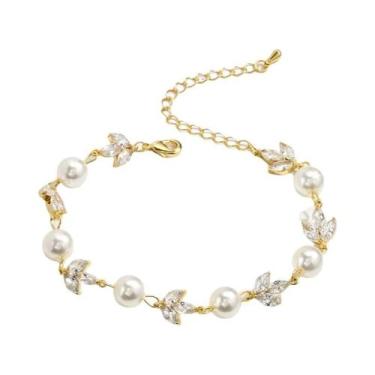 Imagem de Pulseira Elegante Feminina Com Zircônia Cúbica AAA E Pérolas Imitadas,