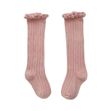 Imagem de Meias De Algodão Macio Com Renda E Flores Para Meninas, Até O Joelho, 
