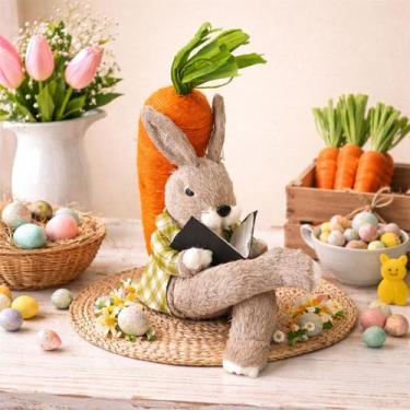 Imagem de Boneco Coelho Leitor Sentado Cenoura Decoração Páscoa 35cm - Genérico,