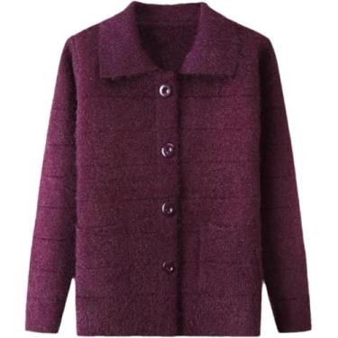 Imagem de Mulheres Malha Cardigan Suéter Meia-idade Idoso Suéter Cardigan Single-breasted Casacos De Lapela, Purple, 3XL