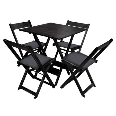 Imagem de Kit Mesa de Madeira 70x70 Dobrável com 4 Cadeiras Estofadas para Bar Restaurante e Lazer - Preto