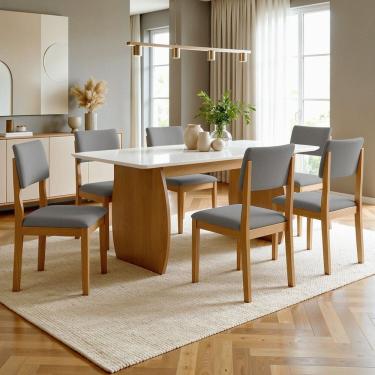 Imagem de Conjunto Sala de Jantar Mesa Retangular Tampo Vidro Mdf e 6 Cadeiras Carol Cinamomo/Off White/Prata