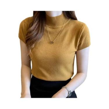 Imagem de Suéter Feminino De Tricô Gola Alta Slim Fit Manga Curta Estilo Coreano