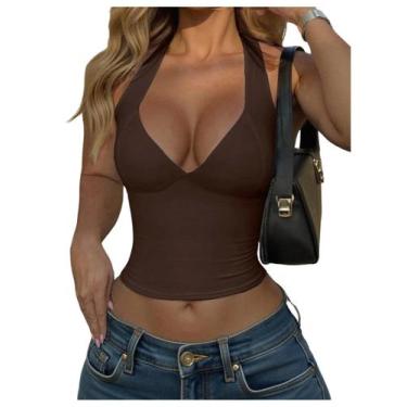Imagem de Blusa curta feminina SOLY HUX com decote em V profundo, marrom café