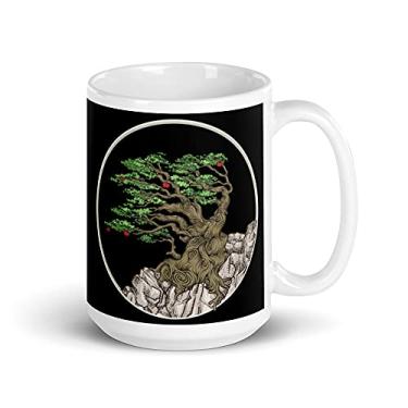Imagem de Caneca de ioga Zen Budista Japonesa Árvore Bonsai em círculo retrô Sun Zen
