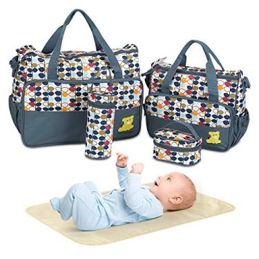 Imagem de Conjunto de bolsa de fraldas com 5 peças para itens essenciais para bebês – Bolsas grandes para mamãe, bolsas de maternidade à prova d'água com bolsa de mamadeira, bolsa de comida e trocador (cinza)