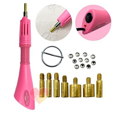 Imagem de Caneta de Aplicar Strass Hotfix Meia Perola Termocolante + 7 Matrizes Ponteiras de Tamanhos Variados (Caneta de Strass Rosa)