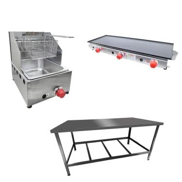Imagem de Kit Lanchonete Mesa de Manipulação 120x55cm + Fritadeira a Gás 1 Cuba + Chapa a Gás 90cm Alcamar