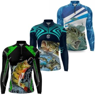 Imagem de Kit 3 Camisa Pesca Masculina Camiseta Pescaria Blue Fish E River Manga
