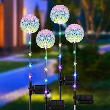 Imagem de Luzes de jardim solar ao ar livre, luzes de jardim de dente-de-leão solares de 4 pacotes decoradas com luzes de cordas coloridas, decoração de jardim solar à prova d'água atualizada, adequada para decoração de terraço, pátio e paisagem.