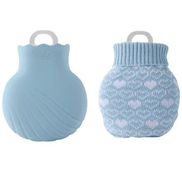 Imagem de Garrafa de água quente com capa de malha macia grande bolsa de água quente clássica livre de BPA para pescoço, dor no ombro e aquecedor de pés de mão, cólicas menstruais, compressa quente e terapia fria, azul, 550 ml