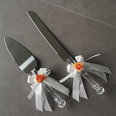 Imagem de Conjunto de faca e servidor de bolo de cristal sintético gravado para aniversário, lembrança de casamento (laranja)