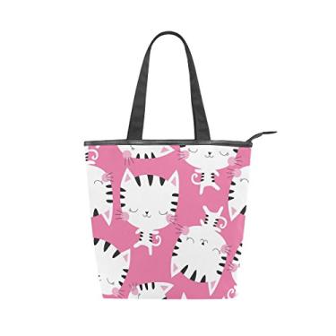 Imagem de Bolsa feminina de lona durável, estampa de gato branco, rosa, grande capacidade, sacola de compras
