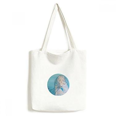 Imagem de Bolsa de lona azul branca coruja menina estilo chinês aquarela bolsa de compras bolsa casual bolsa de mão