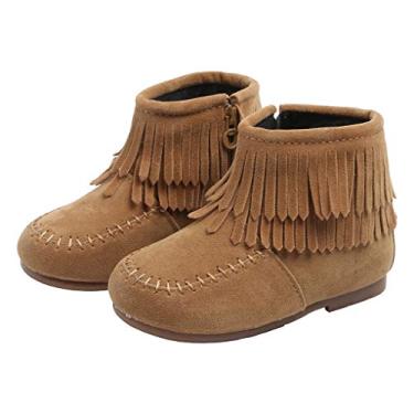 Imagem de Botas de cano curto de camurça com borla e zíper lateral da lakiolins Botas de inverno para neve, Caqui, 12 Toddler