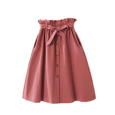 Imagem de Saia feminina de cintura alta WSLCN, elegante, casual, vintage, plissada, com botões, saia midi com bolsos para cinto, Vermelho, Waist 23.6"-38.6"