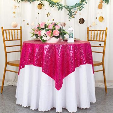 Imagem de Toalha de mesa de lantejoulas ShinyBeauty - Toalha de mesa rosa quente com lantejoulas e toalha de mesa de lantejoulas/linho para casamento/festa/evento/decoração 91 x 91 cm Toalha de mesa fúcsia para aniversário