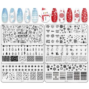 Imagem de Whaline Kit de placas de estampagem de arte de unhas de inverno, 6 peças, boneco de neve, floco de neve, pinheiro, suéter, modelos de carimbos de imagem Hello Winter Nail Art Plates para inverno Xmas DIY Print Manicure Salon Design Gift