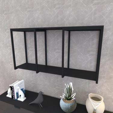 Imagem de Prateleira Industrial Suspensa Estante Parede Nicho Preto Ferro E Madeira Suporte Pratileira