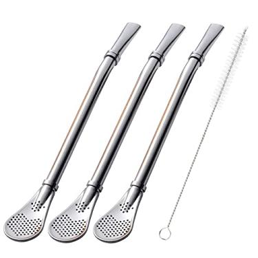 Imagem de Canudos de erva mate Bombilla, pacote com 3 canudos, reutilizáveis, coloridos, chá, café, coquetel, aço inoxidável, dobrado, fluxo suave, filtro de agitação com escova de limpeza da Beruth (prata)
