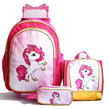 Imagem de Mochila Unicornio Crina Rodinhas Brilho Lancheira Estojo Kit Rosa