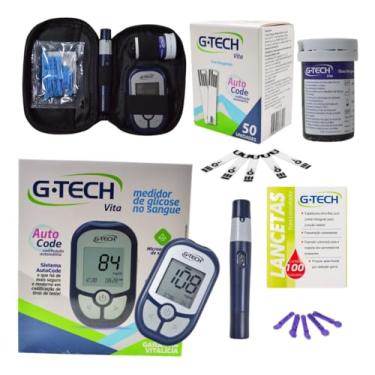 Imagem de Kit Medidor de Glicose G-Tech Vita Com 60 Tiras + 110 Lancetas E Caneta Lancetadora - Glicosímetro Glicemia