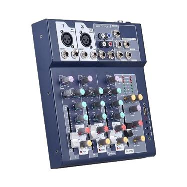Imagem de XCPHGFM Console de mixagem de 4 canais e caminhos auxiliares Plus Processador de efeitos Mixer de áudio digital EQ de 3 bandas 48V Phantom Power integrado Mixer de 4 canais com função USB para gravaç