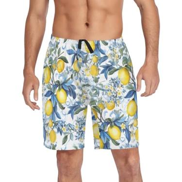 Imagem de CHIFIGNO Shorts de pijama masculino, short de pijama para dormir, calça de pijama masculina com bolsos e cordão, Estilo siciliano limão amarelo flores azuis, XXG