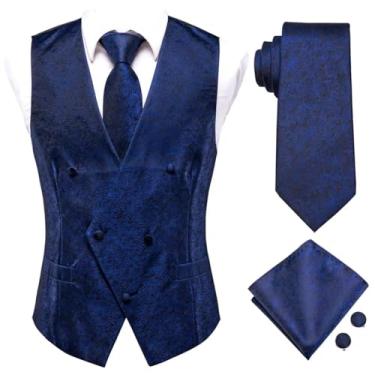 Imagem de BoShiNuo Conjunto de 4 peças slim colete gravata lenço abotoaduras seda masculino colete pescoço conjunto para terno vestido casamento Paisley Floral Coletes, 0052, X-Large