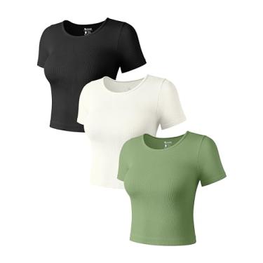 Imagem de OQQ Camisetas femininas de manga curta, 3 peças, gola redonda, sem costura, ajuste elástico, Preto, verde ervilha, bege, M