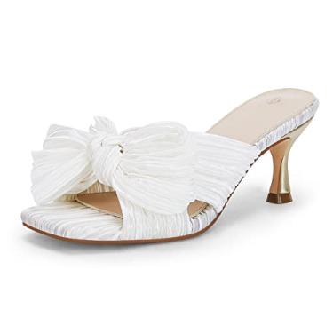 Imagem de Coutgo Sandálias femininas de salto com laço, plissadas, bico quadrado, bico aberto, salto gatinho, mules, sem cadarço, sapatos de casamento, Branco, 37