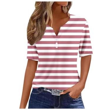 Imagem de Camiseta feminina Summer Dependence Day Henley com bandeira dos EUA, mangas curtas, casual, roupas de 4 de julho, Wine-d, M
