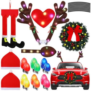 Imagem de Datanly Kit de carro com chifres de rena de Natal com 34 peças, incluindo guirlanda de Natal com chifres de corda de luz, cauda de nariz com luz LED pendurada nas pernas do Papai Noel, decalques magnéticos para encosto de cabeça para carro e caminhão