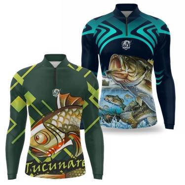 Imagem de Camiseta Pesca Masculina Manga Longa Térmica Estampada Kit 2-Masculino