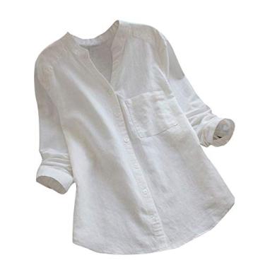 Imagem de Camiseta feminina de linho, cor sólida, gola V, botão, bolso, manga comprida, túnica casual de verão, Branco, G
