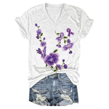 Imagem de Camisetas femininas de conscientização de Alzheimers, gola V, roxas, bordadas, floral, casual, solta, manga curta, Z013-branco, XXG