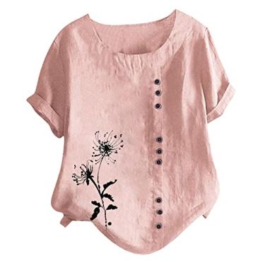 Imagem de Camiseta feminina de linho, estampa floral, manga curta, caimento solto, gola redonda, botão, túnica, rosa, M