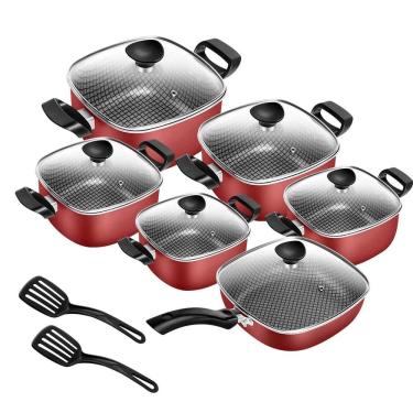 Imagem de Jogo De Panelas Antiaderente Quadradas Com Frigideira Número 23 Vermelho Tampa De Vidro Temperado 6 Peças Patolux